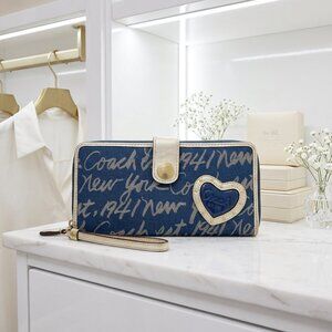 Coach Heart Lurex Signature Script Zip Around Wallet